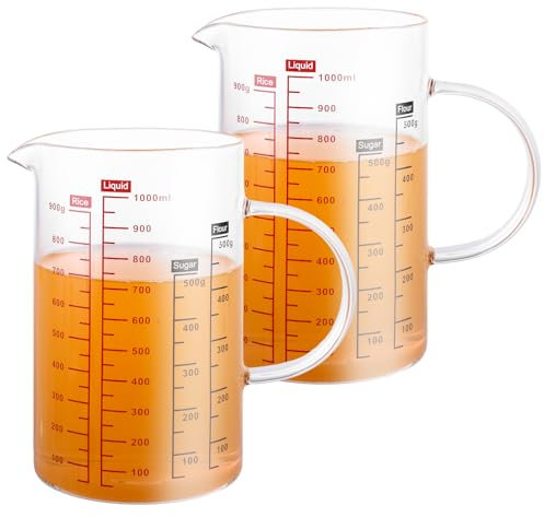 LDXDRU 2 Pack 1L Glass Measuring Jug, Kitchen Measuring Cup with Handle, High Borosilicate Glass Jugs for Measuring Baking Cooking Mixing