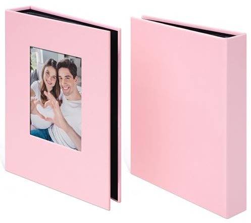 Hiwhy Album Fotografico 2 Pezzi Contenitore 48 Tasche con Copertina in Lino e Finestra Personalizzabile, Adatto a Foto 10x15, Pagine Nere Archivio, Rosa