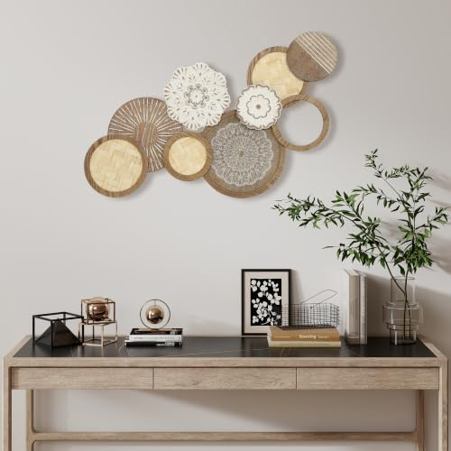 HOMCOM Moderne Holz Wanddekoration 83,8x44,5 cm Naturholz | Geometrische Wandskulptur, Einzigartiges Multi-Scheiben-Design, Hängedekoration, Wohnzimmer, Schlafzimmer, Büro