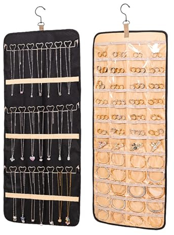 Veebmys Organizador de Joyas Colgante, Bolsa de Doble Cara con Ganchos de Metal, para Organizar Objetos Pequeños y Exponer Joyas, Plegable, para Armario, Pared o Detrás de la Puerta