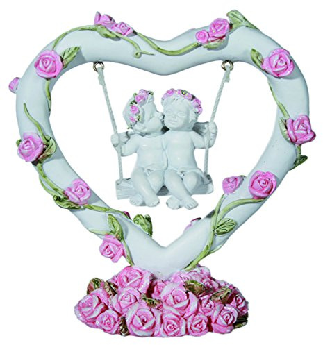 Out of the blue 937326 Polyresin-Engelpaar in Herz-Schaukel mit rosafarbenen Rosendekor, circa 11 x 10 cm