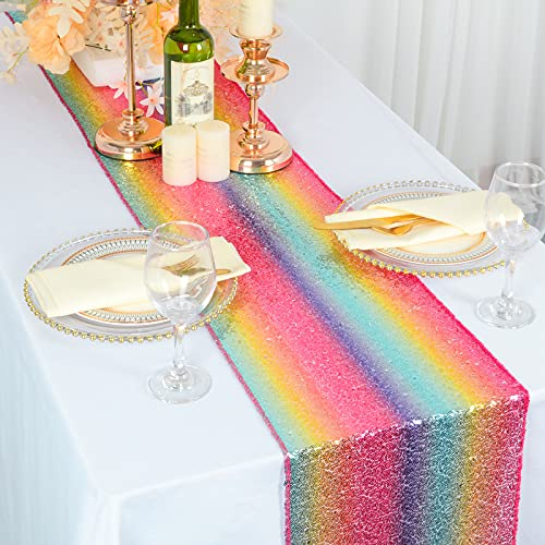 ShinyBeauty Rainbow Table Runner Birthday Decoration 30 x 180 cm Sparkly Rainbow Sequin Table Runner Party Table Cover 12 x 72 Inches Linen Table Overlay for Baby Shower
