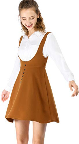 Allegra K Donne Gonna a Bretelle Bottone Decoro Orlo Svasato al sopra Ginocchio Sospendere Costume Natale Marrone L