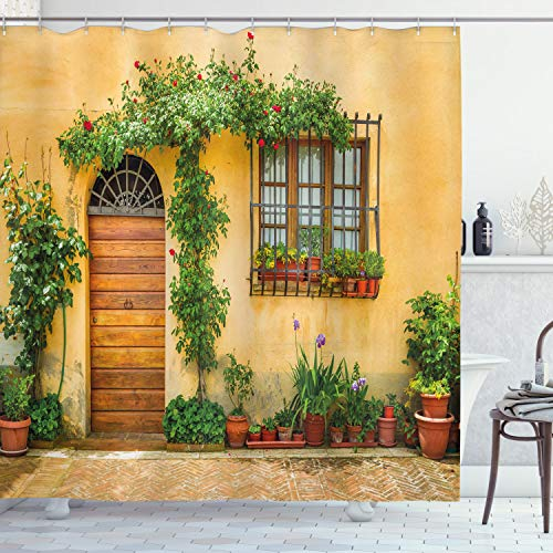 ABAKUHAUS Italien Duschvorhang, Leben in der Stadt in der Toskana, Stoffliches Gewebe Badezimmerdekorationsset mit Haken, 175 x 220 cm, Aprikose Grün Braun