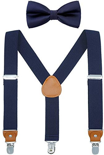 WELROG Kinder Hosenträger Fliege Sets - Y-Form Einstellbar Hosenträger mit Die Seide Fliegen Poison Idea für Jungen und Mädchen (Marineblau + Marineblaue Fliege)