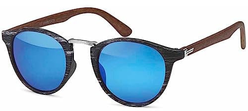 styleBREAKER Damen Panto Sonnenbrille in Holz Optik runde Gläser, Nasensteg aus Metall, Vollrand Kunststoff Gestell 09020083, Farbe:Gestell Schwarz-Silber/Glas Blau verspiegelt