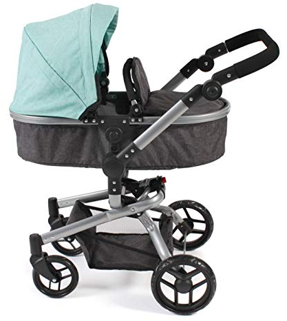 Puppenwagen Yolo, 2in1 Kombipuppenwagen für Kinder von 4 bis 8 Jahren, Melange Anthrazit-Mint