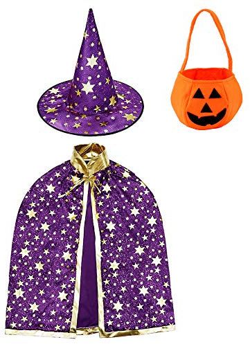 Jackcell Girl's Wizard e Witch Cloak With Pumpkin Candy Halloween Costume Props Cosplay Party Cap Bag, Purple, Medium-80cm long