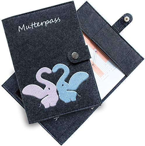 Mutterpasshülle, Schutzhülle, Organizer, Tasche aus Filzstoff mt Elefanten, Herz Design für den deutschen Mutterpass