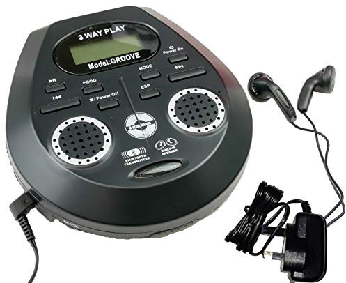 Steepletone Groove CD Discman, Built-In SPEAKERS, Stereo, Ultra Compact Personal CD Player, Bluetooth Transmitter (Stream Music to Bluetooth Speaker, Headphones) Includes Mains Power Adapter, Black