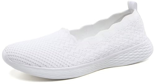 Puxowe Women's Loafers Slip On Lightweight Casual Low-Top Flat Knit Shoes 5.5 UK White