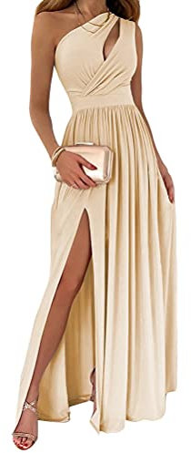 Tomwell Donna Vestito Lungo con Spacco Laterale Vestiti Tinta Unita Scollo a V Profondo Maxi da Sera Banchetto Floreale Abito B Cachi M