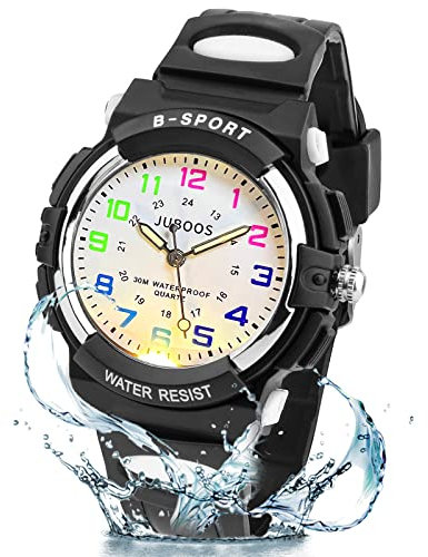 Juboos Neue 7-Farbige Kinderuhren, Kinderuhr Jungen Mädchen Analog Quartz Uhr mit Armbanduhr Kautschuk Wasserdicht Outdoor Sports Uhren 5-16 (Schwarz Weiß)