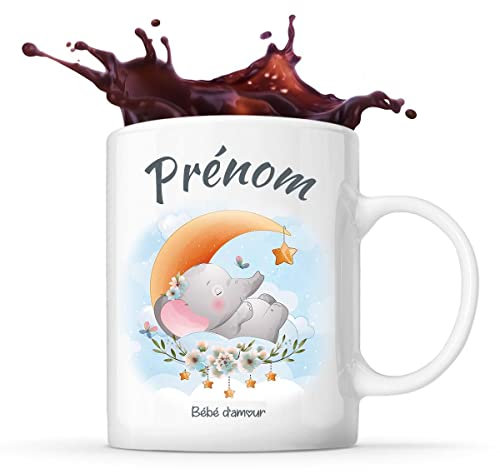 Planetee Tasse prénom personnalisable mignon avec éléphant| Mug Cadeau de naissance personnalisé garçon ou fille pour anniversaire