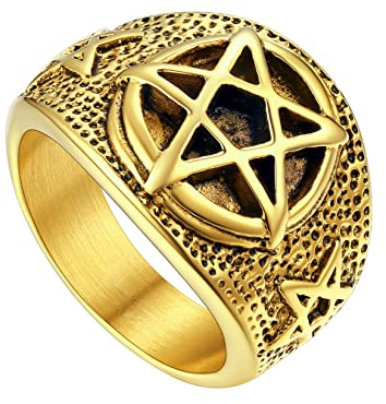 U7 Herren Pentagramm Ringe Statement Ring 18k vergoldet Wikinger Bandring Satanic Luzifer Ring Siegelring mit Geschenkebox Casual Modeschmuck Street Style Accessoire für Männer Jungen(Ring Größe 64)
