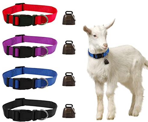 Kwerdas Ziegenhalsbänder mit Glöckchen, verstellbares Nylonhalsband und grasende Kupferglocken Set, Bauernhoftiere, Anti-Verlust, mit Lauten Bronzeglocken für Ziege, Schaf, Pferd, Kuh, 4 Stück