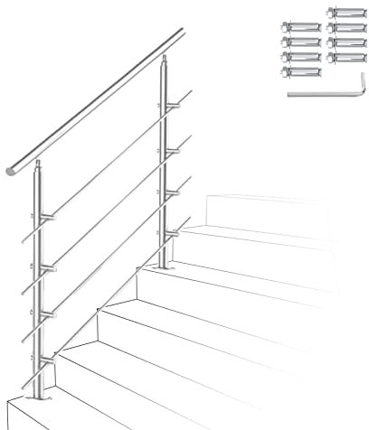 Ikodm Corrimano in acciaio inox, ringhiera per scale, 100 cm, con 4 barre trasversali e accessori, per scale, interni, balcone, ingresso di casa