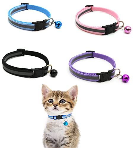 Katzenhalsband,4 Stück Reflektierende Katzenhalsband mit Glocke Halsband Katze mit Sicherheitsverschluss Verstellbar Kitten Halsband Ersonalisiert Haustierzubehör für Hauskatzen, Kleine Hunde