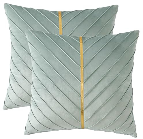 Tosleo Samt-Kissenbezüge mit goldfarbenem Leder, Smaragdgrün, dekorativ, Couch-Kissenbezüge, modern, weich, für Sommer, Heimdekoration, Sofa, Bett, Mintgrün, 66 x 66 cm, 2 Stück