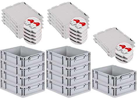 PROREGAL SuperSparSet 10x Eurobox NextGen Grip mit Scharnierdeckel und roten Schiebeschnappverschlüssen, HxBxT 12x30x40cm, 11 L, Grau, Griffe geschlossen, Eurobehälter, Transportbox