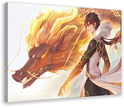 MOLVUS Zhongli-Poster, Genshin Impact, Leinwand-Poster, Wandkunst, Dekor, Druck, Bild, Gemälde für Wohnzimmer, Schlafzimmer, Dekoration, Rahmenstil, 60 x 90 cm (24 x 36 Zoll)