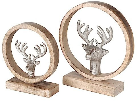 Boltze Dekoaufsteller Kalix 2 teilig Mangoholz Aluminium Hirsch Höhe 23cm und 18cm Rund Landhausdeko