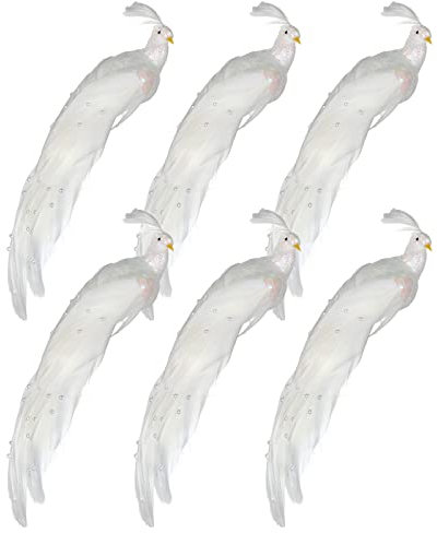 MOTUZP Künstliche Federvögel, Künstlicher Pfau mit Clip, Künstlicher Weißer Federpfau mit Perle, für Zuhause, Garten, Hochzeit, Dekoration, Weihnachtsbaumschmuck(#1)