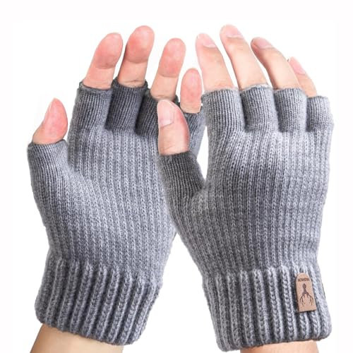 Men's Winter Thermal Fingerless Gloves - Knitted Half Finger Gloves for Outdoor, Working, Running, Cycling, Skiing (Grey)