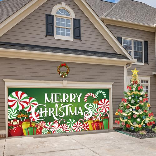 NQEUEPN Christmas Garage Door Banner, 6.06x13.12ft Xtmas Candy Garage Door Decor Outdoor Christmas Garage Door Banner Cover Festive Garage Door Christmas Decorations for Holiday Supplies