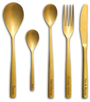 Messer Gabel Löffel mit Gravur Wunschtext gold personalisiert einzeln oder im Set Besteck dein Name Text Geschenkidee graviert Tafelbesteck (Esslöffel gold)