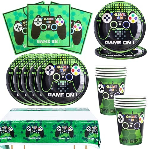 Bikasun Videojuego Fiesta Accesorios Videojuego Fiesta Vajilla Cumpleaños Videojuego Decoración Cumpleaños Niños Incluido Videojuego Fiesta Platos Tazas Servilletas Mantel para 10 Personas