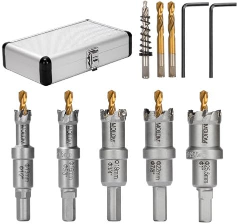 MOLLOM 5 seghe (13-25,5mm) Kit di seghe a tazza in carburo TCT per metalli duri. 3 punte pilota extra per acciaio inossidabile, ferro, alluminio, leghe e altri metalli