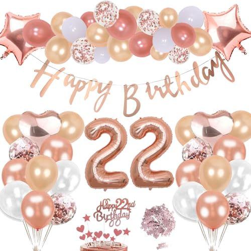 22. Geburtstag Deko Rosegold Set, Helium Herz Zahl Folienballons Happy Birthday Banner Luftballons Konfetti Tisch Ballons Kuchen Tortendeko Geschenk für 22 Jahre Mädchen Frau Frauen Party Dekoration