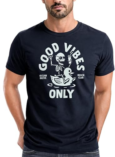 Neverless® Herren T-Shirt Printshirt Spruch Good Vibes Only Skelett-Motiv Sommer Frontprint Fashion Streetstyle Navy 4XL