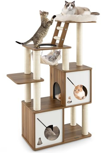 COSTWAY Grand Arbre à Chat en Bois à Plusieurs Niveaux, Tour à Chat avec 2 Condos et Hamac, Centre d’Activités pour Chat avec Poteau en Sisal et Échelle, Perchoirs en Peluche et Tapis Lavables, Nature