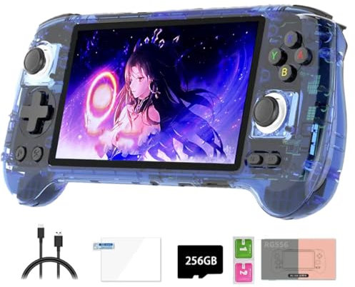 Meiurlex Console di gioco portatile retrò RG556, schermo AMOLED da 5,48 pollici, sistema Android 13 integrato, scheda SD da 256 G, 8000 giochi, lettore video per bambini e ragazzi (4+128 G) + 256 G)