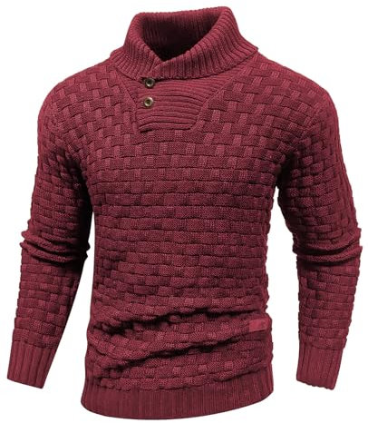 Qinfren Men's Jumpers Tops Winter Warm Knitted Stand Collar Jumper Long Sleeve Knitwear Pullover Sweaters for Men Buttons Twisted Winter Jumper Wine Red