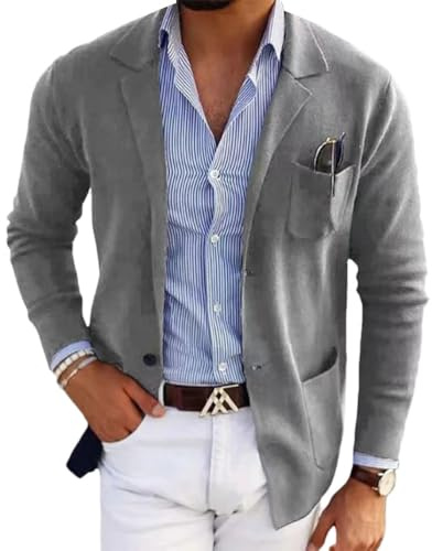 Oanviso Homme Blazer Veste de Costume Slim Fit Blazer pour Business Mariage Soirée Blouson de Smoking Jacket Costume Moderne Mince Veste Haut de Fête Chemise A Gris Clair XXL