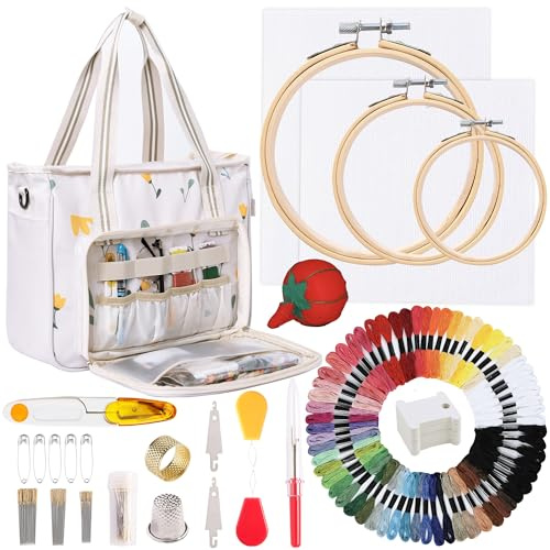 Peirich Stickerei Starter Kit, Stickerei Projekt Tasche mit Stickerei Zahnseide Stickerei Hoop Aida Tuch, Stickerei Zubehör Aufbewahrungstasche mit Kreuzstich Kits für Anfänger, Erwachsene