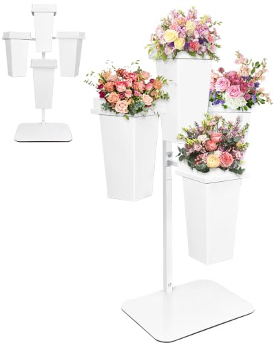 PROLEE Blumenständer mit Eimern, Blumenwagen, Blumenständer aus Metall mit Rädern, bewegliches Floristen-Blumenstraußregal, Weiß
