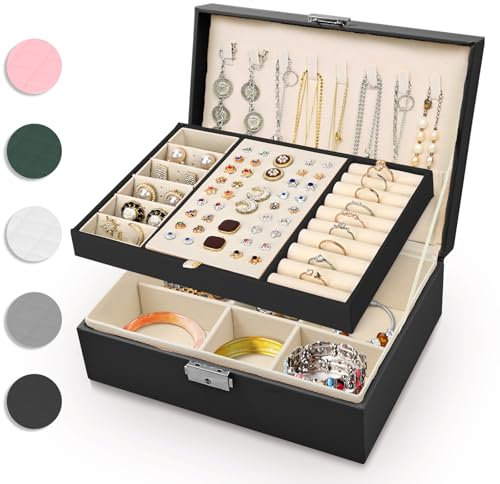 Eucomir Schmuckkästchen für Damen,Große Schmuckaufbewahrung 2-Schichtige Reise Schmuckschatulle PU-Leder Schmucketui für Ringe,Armbänder,Ohrringe,Halsketten,Schwarz