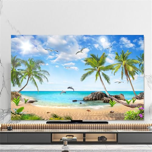 Hixingo TV Abdeckung Staubschutzhülle, 3D Meerblick Muster TV Staubschutzhülle 32-80inch TV Abdeckung Schutzhülle Fernseher Fernsehabdeckung TV Schutzhülle (49-52inch,Palme)