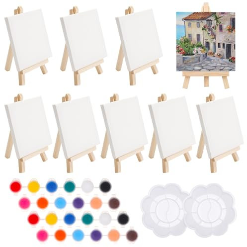 Halinuia 8 Stück Mini Leinwand mit Staffelei mit Acrylfarben & 2 Malpaletten Kreativset für Kinder Partyzeichnungen, Tischkunst & Bastelbedarf