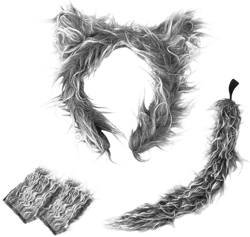 GWAWG Wolfskostüm-Zubehör-Set, niedliche Tierohren, Schwanz und Handschuhe, Cosplay-Kostüm, Wolfs-Cosplay-Set, Kinderzubehör, Kostümparty, 3-teilig