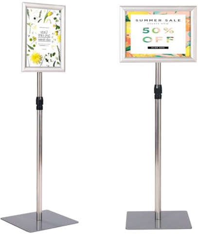 HOMASIS A4 Infoständer höhenverstellbar, Informationsständer aus Edelstahl & Aluminium, 360°drehbar Präsentationsständer mit Bodenplatte, Kundenstopper Plakatständer Werbeständer (Silber)