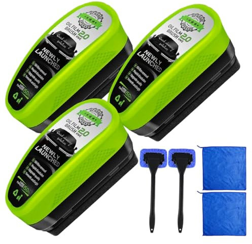 Xifyjus Clear Vision Car Glass Cleaner, 150ml Automotive Windscreen Cleaner Oil Film Remover, 2025 New 2.0 Green Car Window Cleaning Brush, Glass Cleaning Board for Windshield Remove Stain(3pcs)