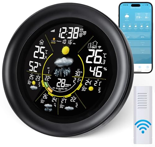 Yaskyly WiFi Weather Stations with Outdoor Sensor Wireless UK Temperature Humidity Monitor with Air Pressure, Rainfall, UV Index, 5 Days Weather Forecast, PM2.5/AQI, Sunrise/Sunset, Date, 3 Alarms