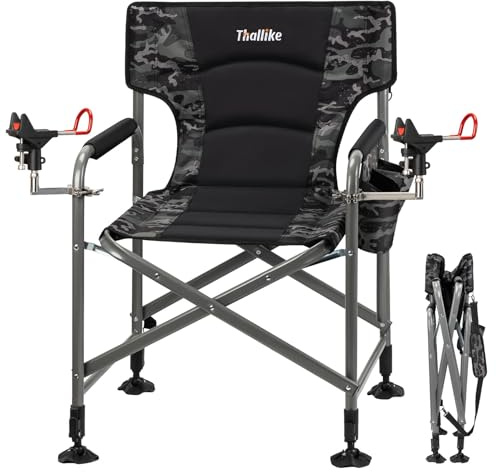 Thallike Padded Folding Fishing Chair with 2 Rod Holders for Adults Heavy Duty Adjustable Legs Outdoor Camping Chairs with Side Pocket Shoulder Strap Portable Ice Fishing Chair for Camp Lawn Patio