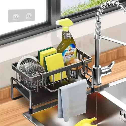 Makenrry Sink Organizer, Kitchen Organizer, Sink Scrubber Holder, Scourer Holder with Non-Slip Suction Cups, Ideal for Kitchen Scouring Pad Storage (Dark Grey)