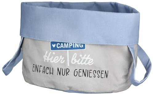 GILDE Brotkorb Rund mit Camping Herzmotiv und Spruch, Baumwolle, 20x20cm, Beige und Blau - Geschenke für Camper